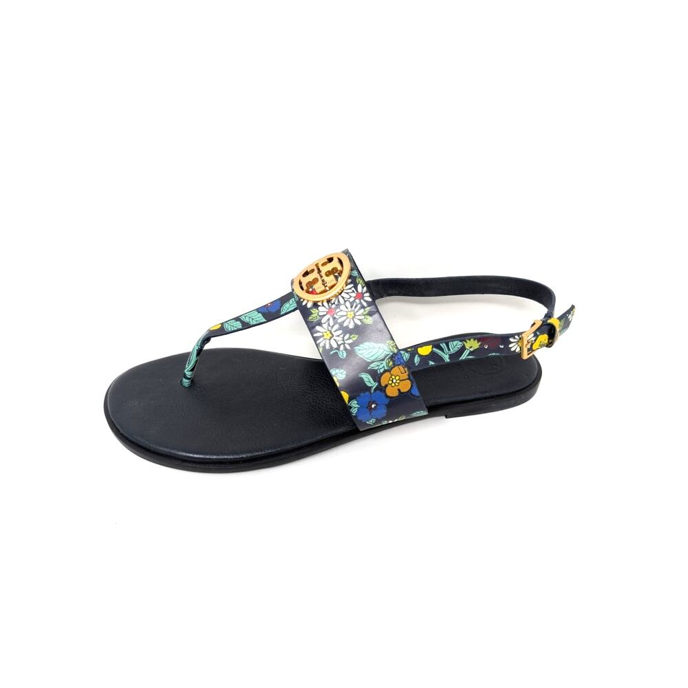 Tory Burch Miller Floral Sandals Navy Gold Logo Leather 8